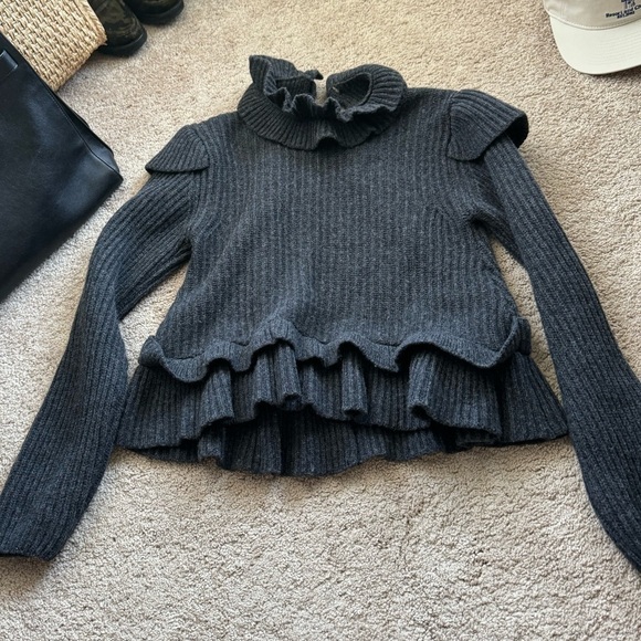 Ganni- Charcoal Grey Wool Longsleeve Cutout Ruffle Peplum Sweater - Picture 8 of 11